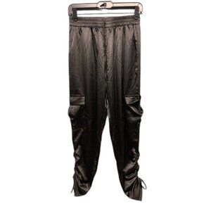 Prettygarden Satin Jogger Pants Women’s S Black Ruched Cargo Pockets Elastic NWT